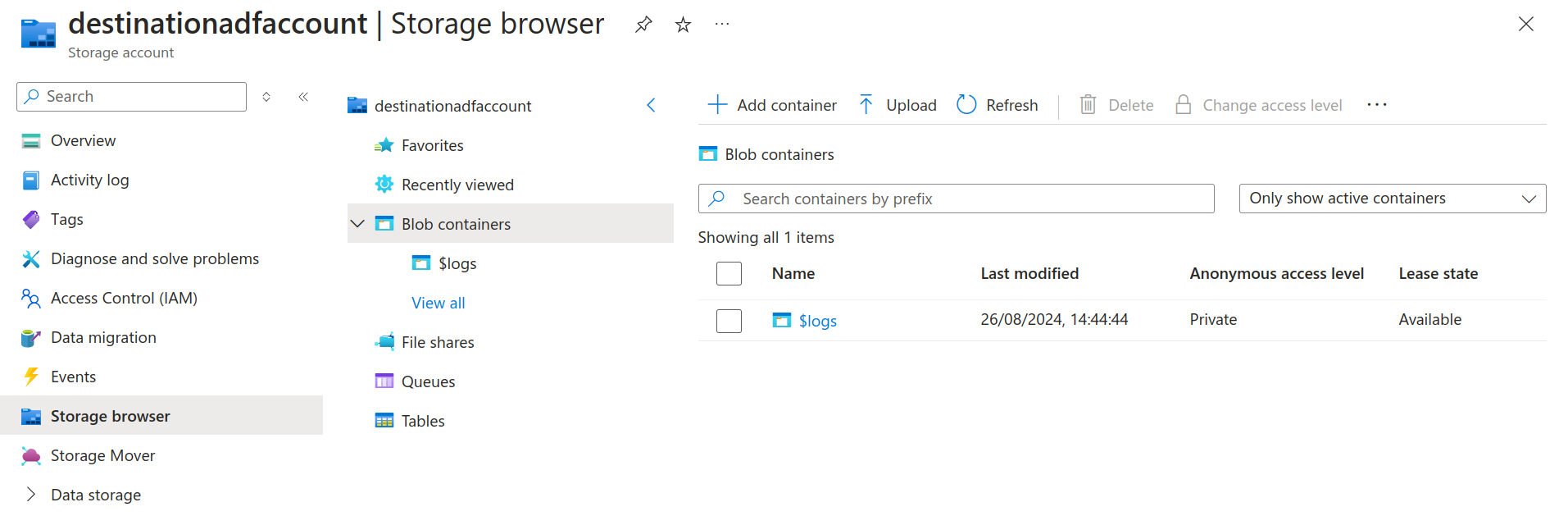 Destination Storage account contents before running the pipeline: