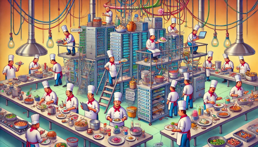 A humorous and chaotic restaurant kitchen resembling a complex computer system. Chefs are depicted as servers managing multiple tasks like cooking, balancing dishes, and routing orders to different stations. Futuristic elements like wires, pipes, and small AI assistant robots are integrated into the scene. The layout combines traditional kitchen design with computer-like infrastructure, creating a colorful and exaggerated setting.