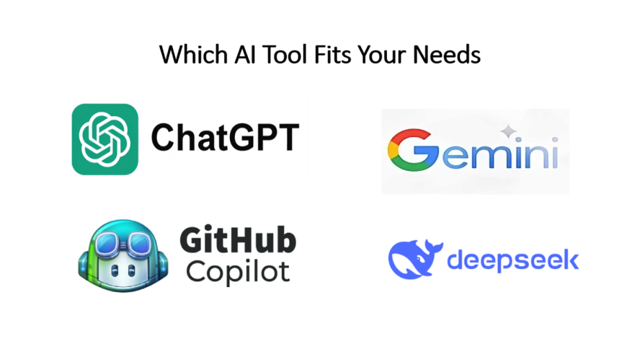  A stylized graphic showing the logos of ChatGPT, DeepSeek, Gemini, and GitHub Copilot side-by-side